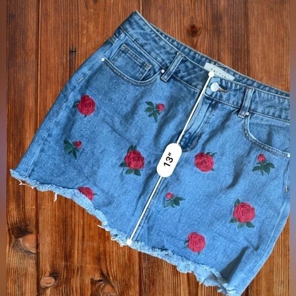 PACSUN Women’s Size 28 Embroidered Medium Wash Denim Mini Skirt • Raw Edge Hem - Picture 11 of 15
